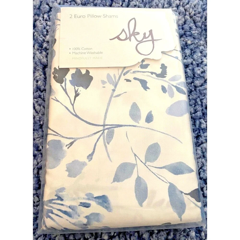 NIP $160 Bloomingdale's SKY Euro Pillow Shams Set GRACIE Blue Floral 100% Cotton